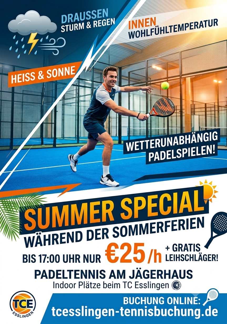 Padel Summer Special beim Tennisclub Esslingen: während der Sommerferien bis 17 Uhr für 25 Euro pro Stunde