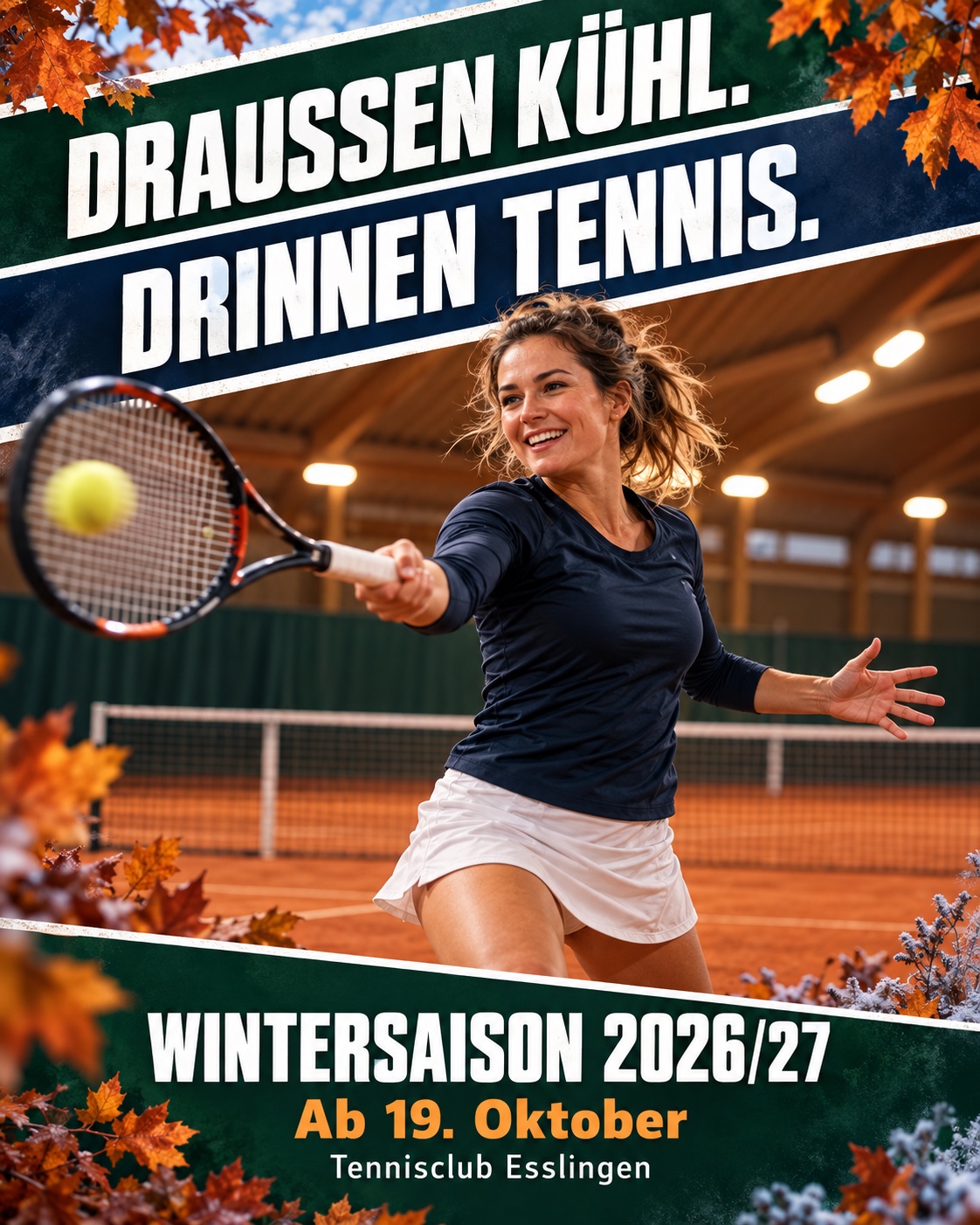 Wintertennis-Kampagne: Draußen kühl. Drinnen Tennis. Wintersaison ab 19. Oktober beim Tennisclub Esslingen.