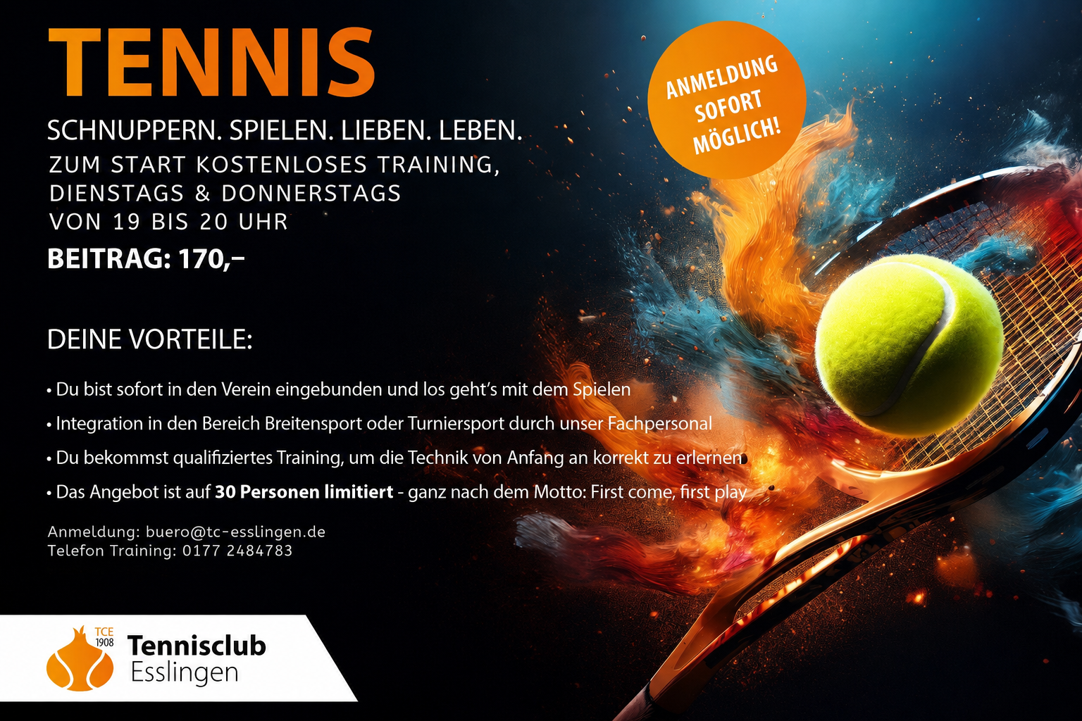 Tennis-Schnupperangebot beim Tennisclub Esslingen mit kostenlosem Training zum Start und einem Beitrag von 170 Euro